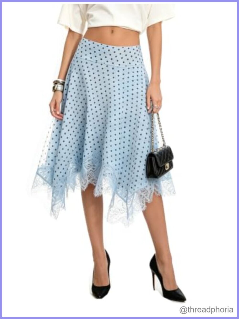 OYOANGLE Women Midi Flowy Polka Dots Lace High Waist Summer Fall Skirt